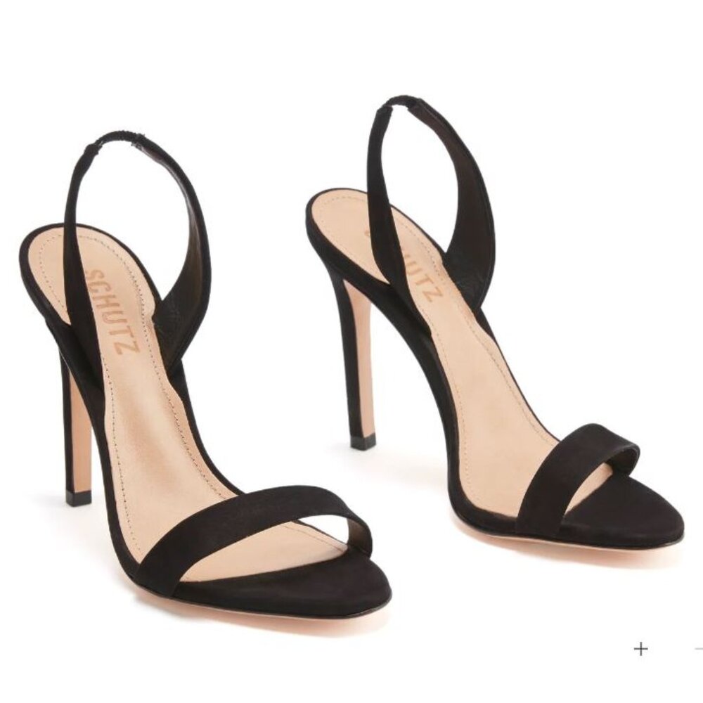 New Schutz Luriane Black Suede Stiletto Leather Singback Sandals sz 7